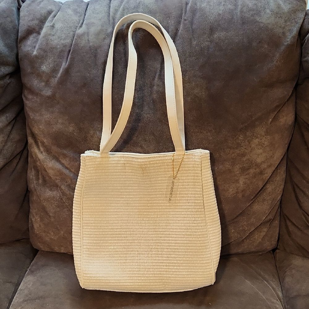 Vintage Liz Claiborne Bag Tote Purse Elegant Cream Tote Bag Olefin Straw Bag